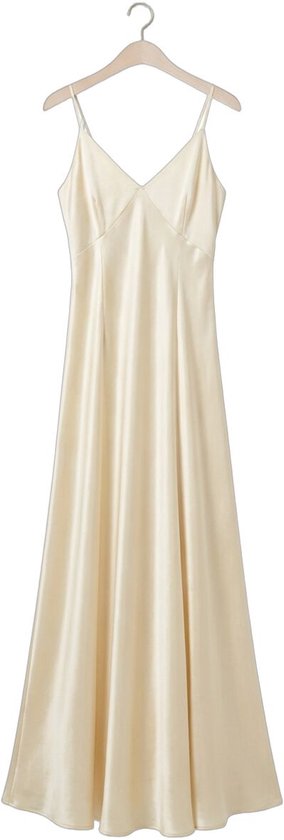 Robe satinée couleur crème avec bretelles spaghetti et encolure en V.