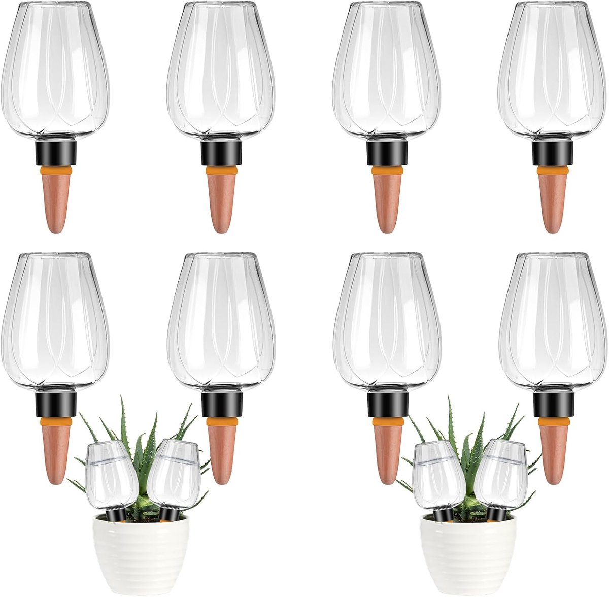 8-delige set automatische waterbollen voor planten – Kunststof bewateringshulpmiddelen voor potplanten met vulopening aan de bovenkant en terracotta-ontwerp voor langzame afgifte – Transparant