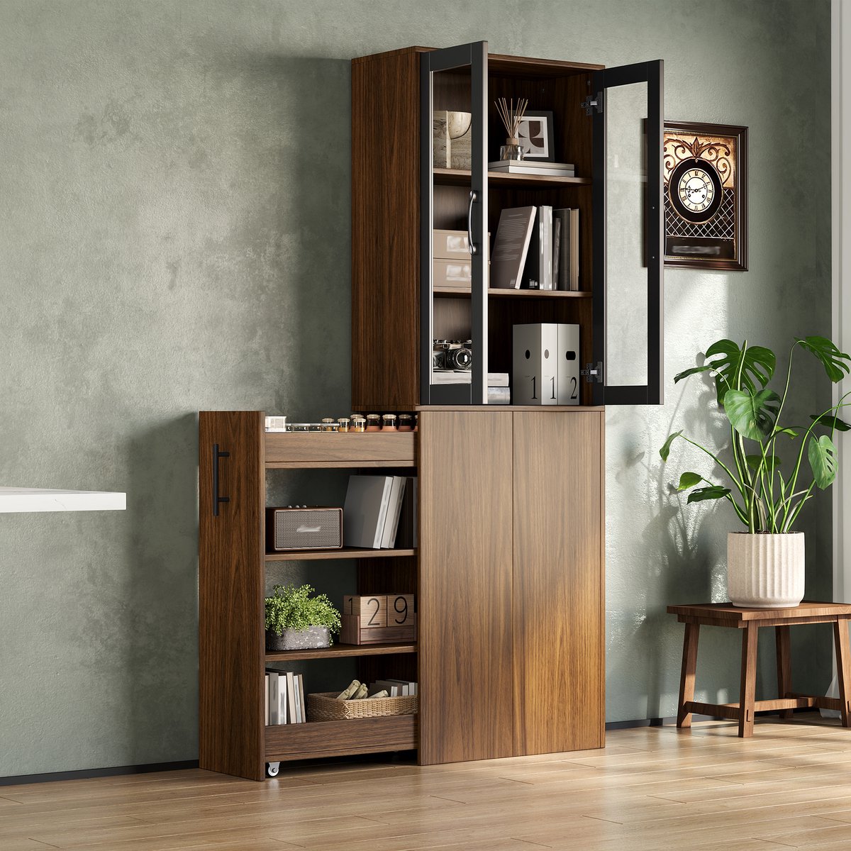 Pugsdrly Niskast voor de keuken 60×30×180 cm, smalle hoge kast met glazen deuren en uittrekbare voorraadwagen, 4-laags keukenrek met wieltjes, slanke opbergkast voor keuken, woonkamer en eetkamer