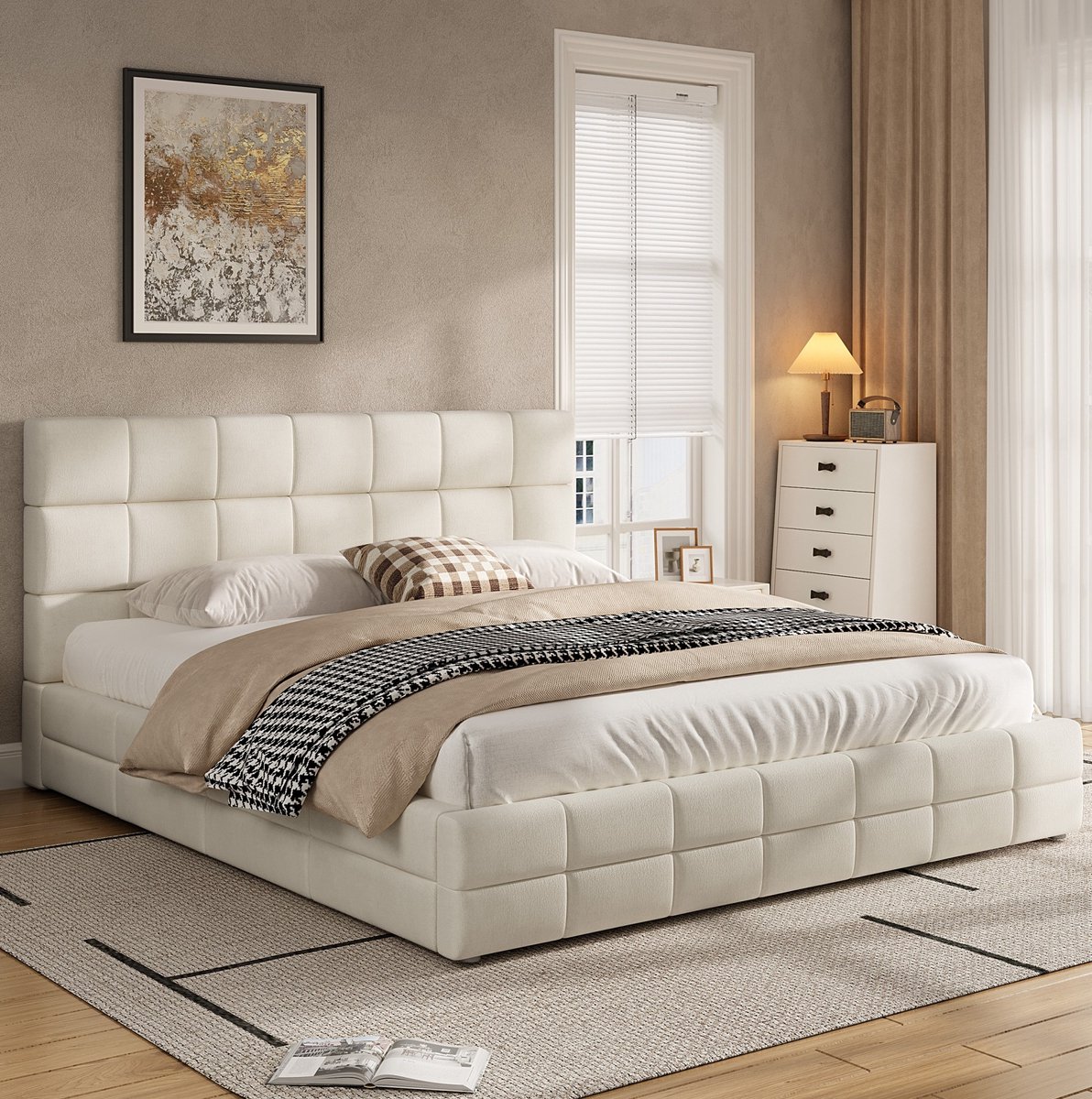Wishdor Tweepersoonsbed 180x200 cm - Gestoffeerd platformbed - Met hoofdbord en lattenbodem - Modern design - MDF en stof - Beige - 208 x 186 x 83,5 cm