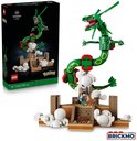 LEGO Rayquaza set met figuur op een steen- en wolkenbasis, naast de doos.
