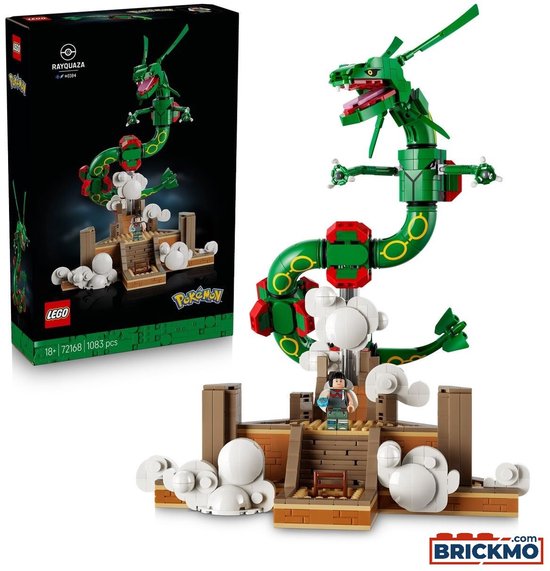 LEGO Rayquaza set met figuur op een steen- en wolkenbasis, naast de doos.