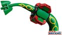 Detail van de staart van groene LEGO Rayquaza met gele cirkels en rode blokken.
