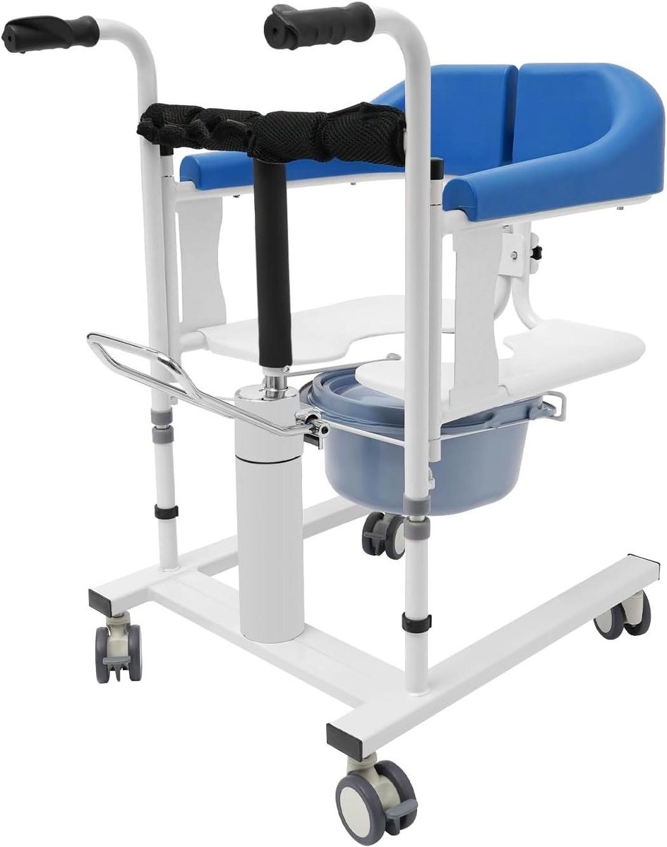 Verstelbare Toiletstoel - Douchestoel Patiëntenlift - Veilig Transfer Maken - Hydraulische Hefhoogte - Max 90 kg - Wit Blauw