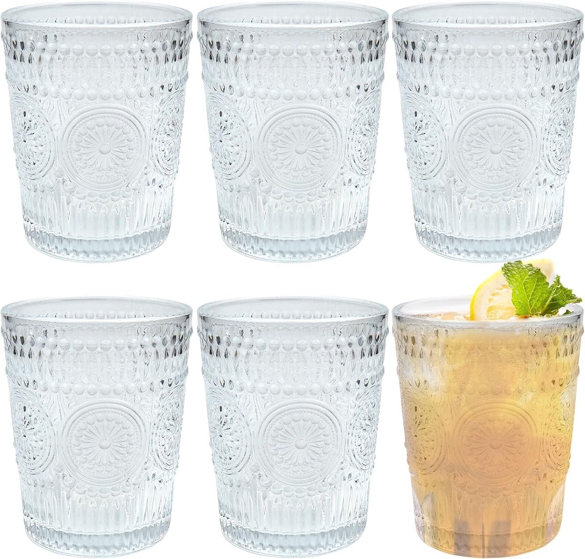 Set van 6 Vintage Drinkglazen met Gegraveerd Bloemmotief voor Water, Sap, Koffie en Cocktails - Stapelbare Drinkbekers voor Diverse Dranken zoals Thee, Melk en Whisky