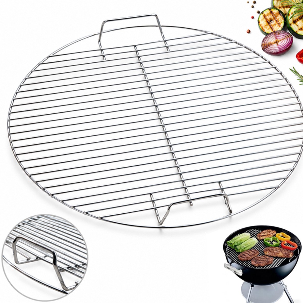 Bobypet - BBQ rooster - Grillrooster - BBQ rooster rond - RVS - 44 cm - Met handvatten - Voor houtskool barbecue - Zilver