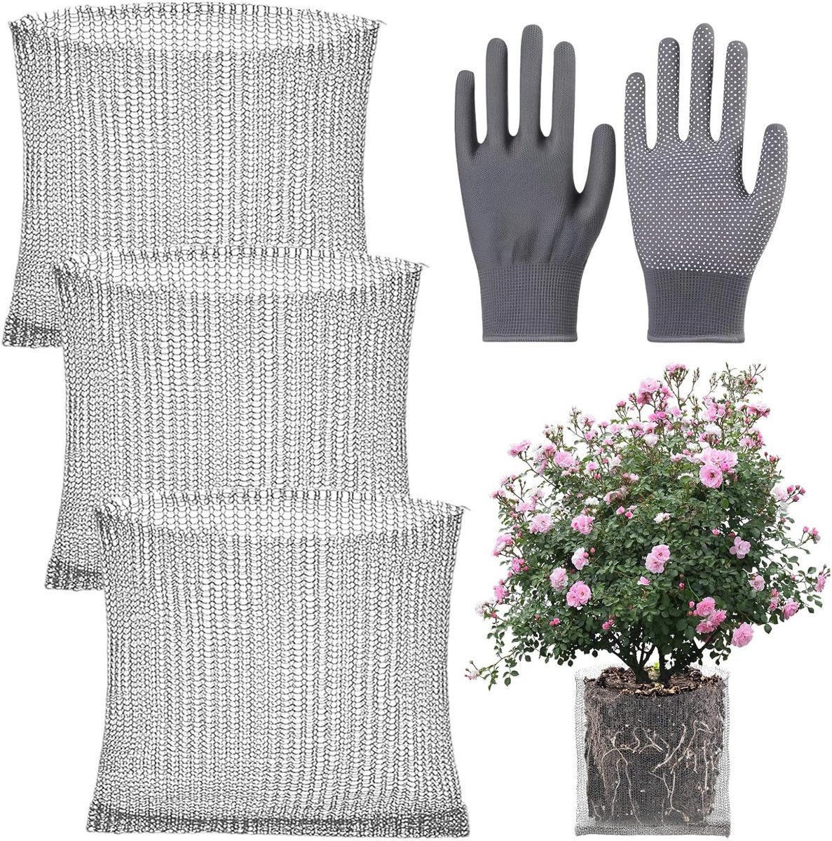 Set van 3 Woelmuizenmanden met Roestvrij Staal en Handschoenen voor Plantenbescherming, Geschikt voor Groenten, Bomen en Bloembollen