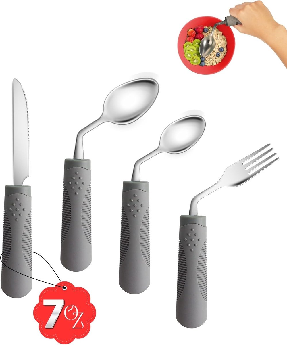 Set van 4 Verstelbare Eetgerei voor Senioren - Gewogen Bestek voor Parkinson, Trillende Handen en Artritis - Comfortabel en Gebruiksvriendelijk Eten