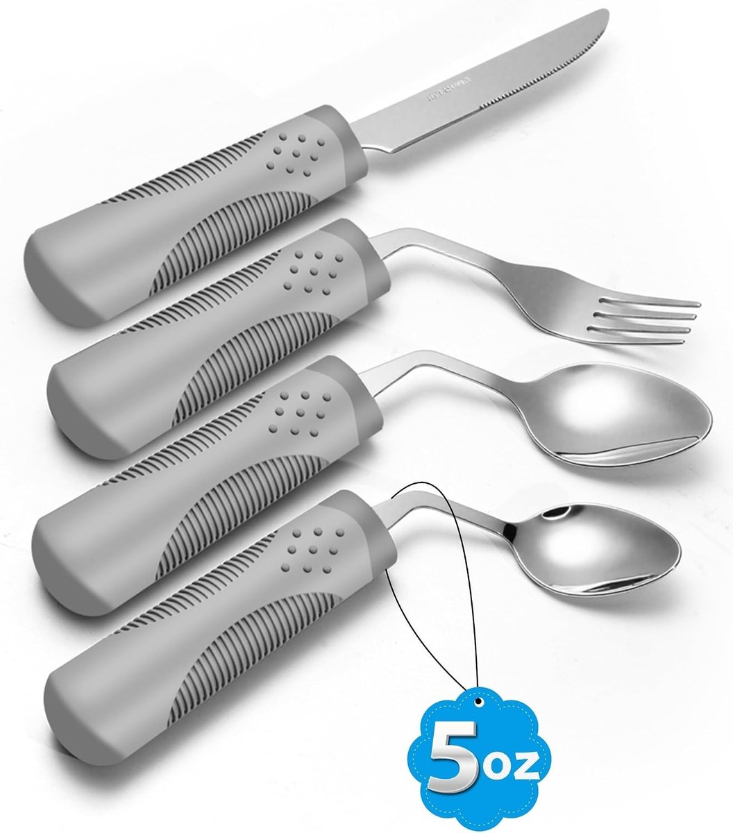 4-delige Keuken Set voor Parkinson Patiënten - Ergonomisch Bestek voor Handtrillingen, Artritis en Ouderen - Eten met Comfort voor Linkshandigen