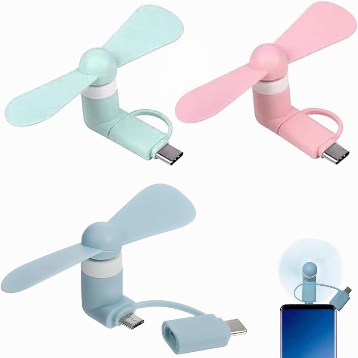 Mini USB Ventilator - Groen + Roze + Blauw - Draagbare 2-in-1 Ventilator voor Mobiele Telefoons - Voor Android en Type C