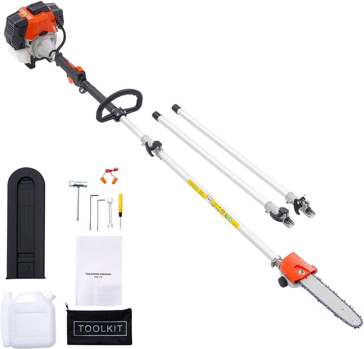 Benzine-Aangedreven Snoeischaar met Lange Steel, 43cc 2-Taktmotor, Telescopische Zaag met Verstelbare Lengte van 2,08–3,58 m, Zaagblad van 25,4 cm, Brandstoftank van 850 ml, Geschikt voor Het Efficiënt Snoeien van Hoge Takken