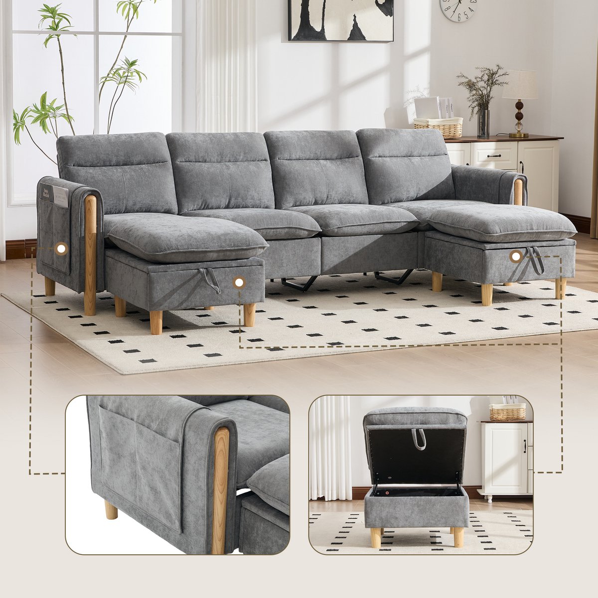 Woonkamer Hoekbank, U-Bank, 4-Zits bank, Grote U-Vormige Sofaset Met Twee Opbergpoefen; Modulaire Vierzitsbank Met Houten Tafelpoten; Comfortabele Stoffen Bank, Ideaal Voor De Woonkamer En Familiekamer-Lichtgrijs