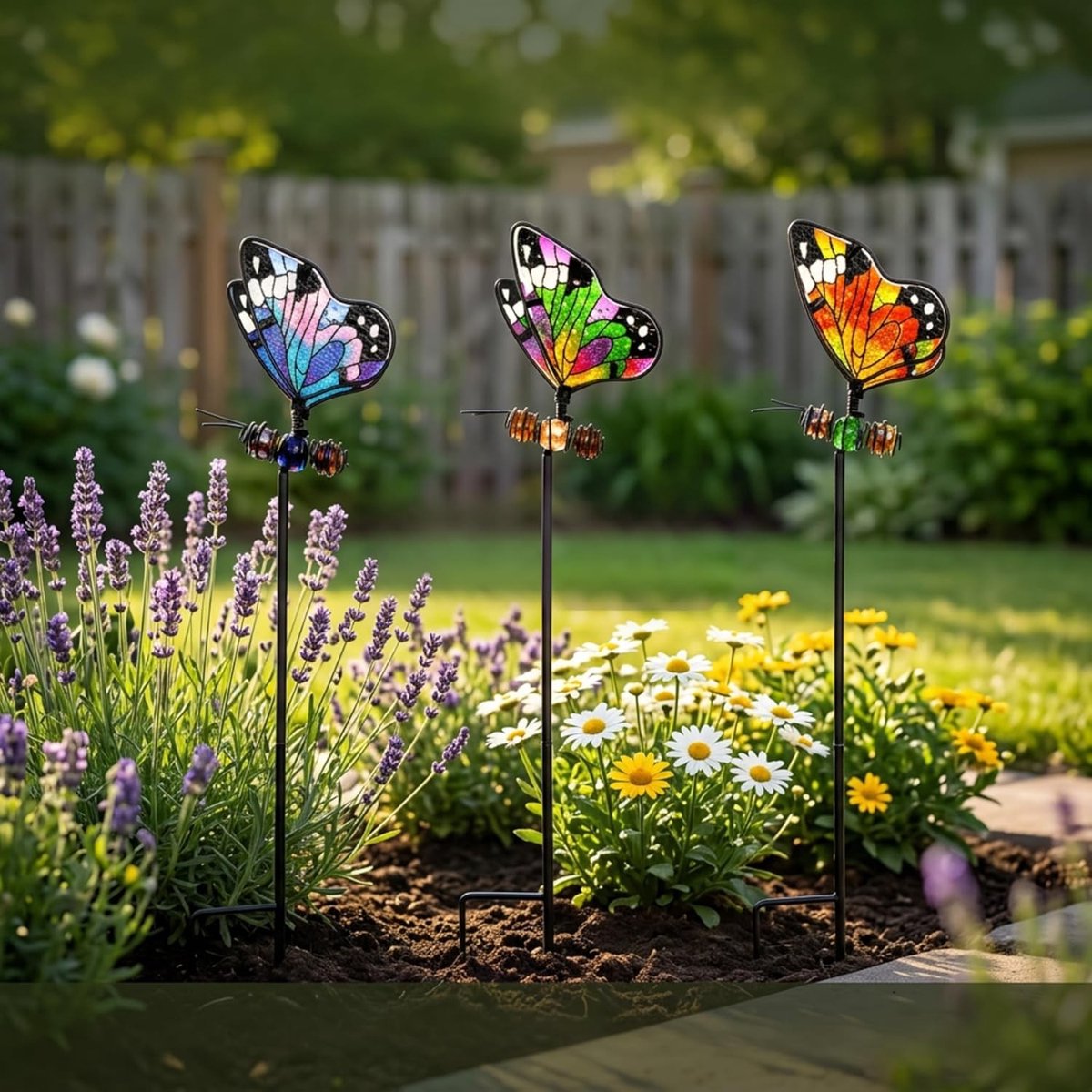 Drie Stuks Vlinder Tuinpalen, Metalen Tuinstekers met Glazen Decoraties voor een Levendige Tuin in de Lente