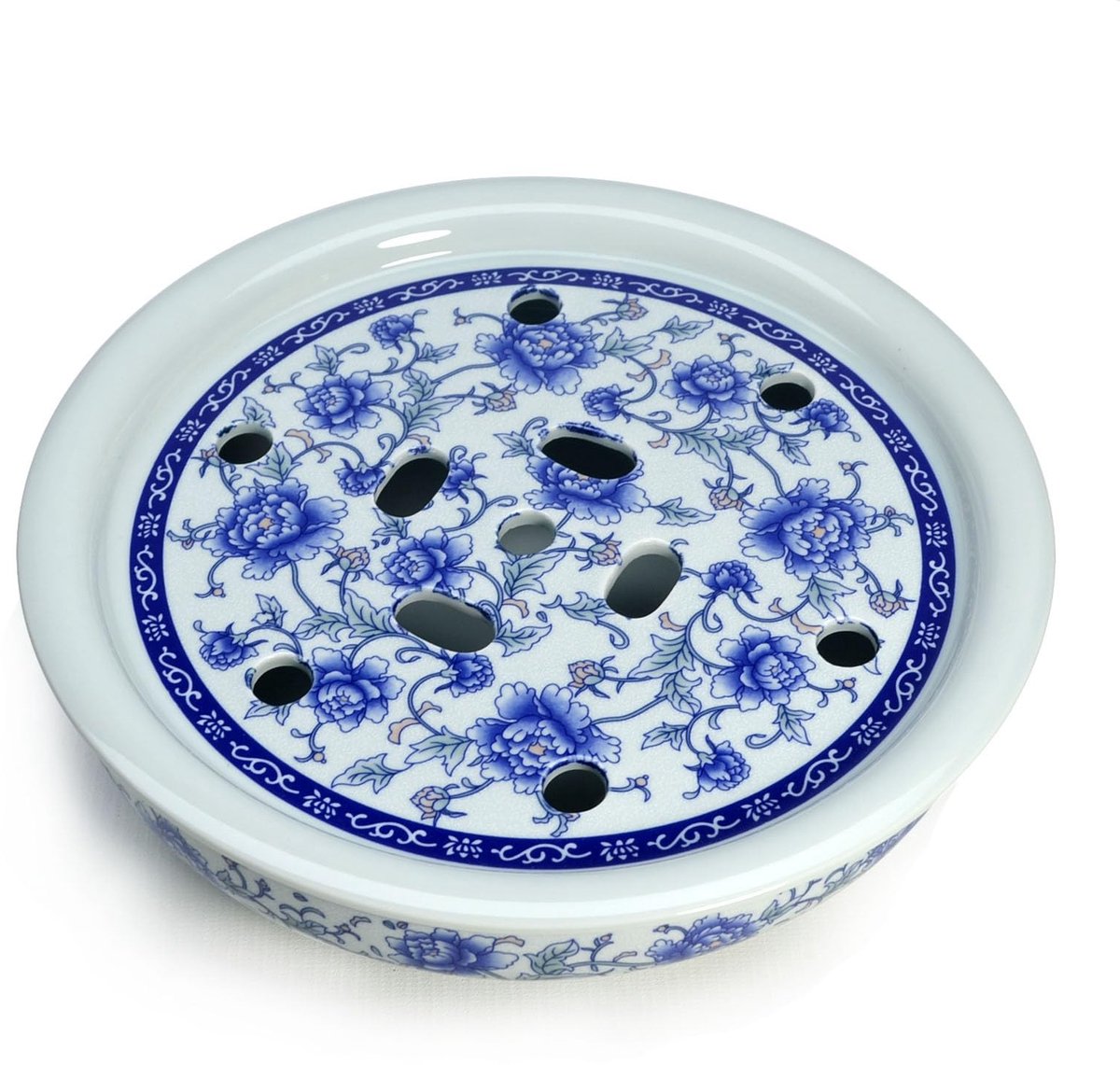 Omgoods - Dubbel Laags Porseleinen Serveertray met Blauw-Witte Pioenroos Motief