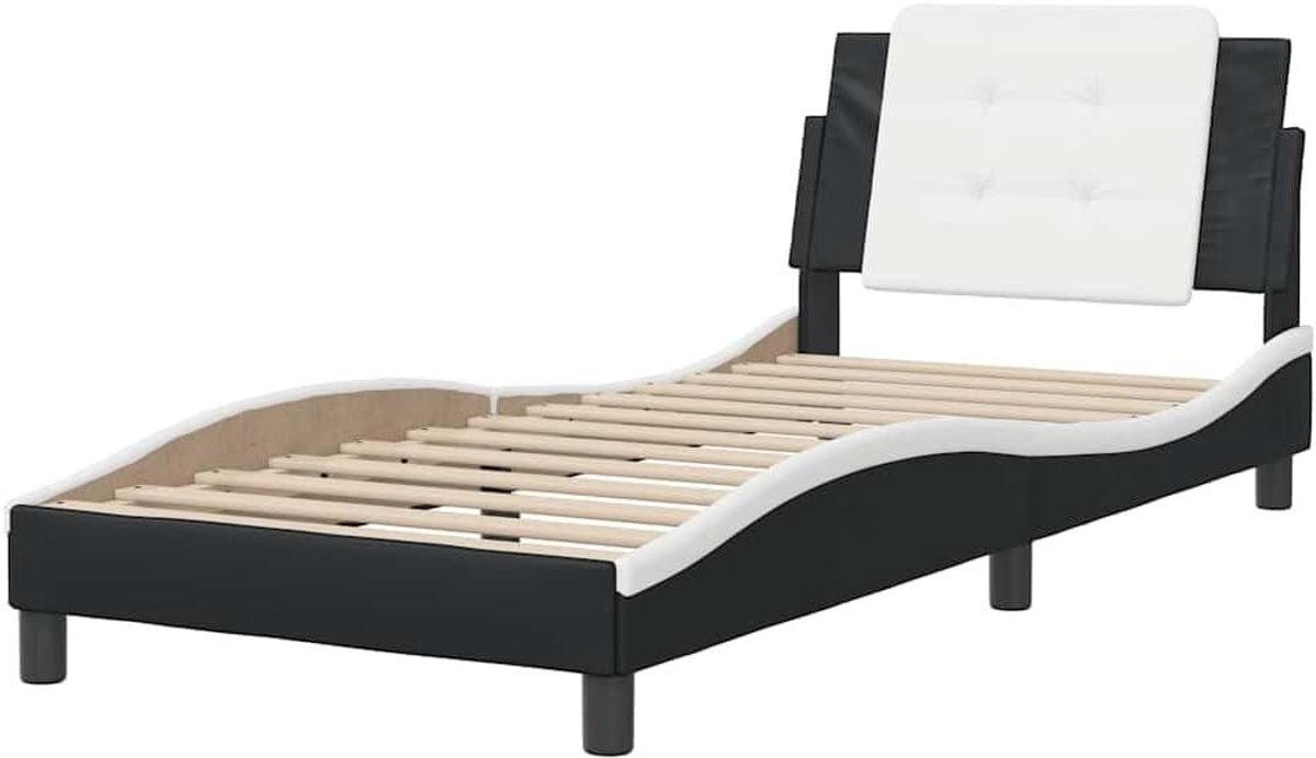 Bedframe met hoofdeinde - Eenpersoonsbed - Goede nachtrust - Duurzaam kunstleer - 90x190 cm - Zwart en wit