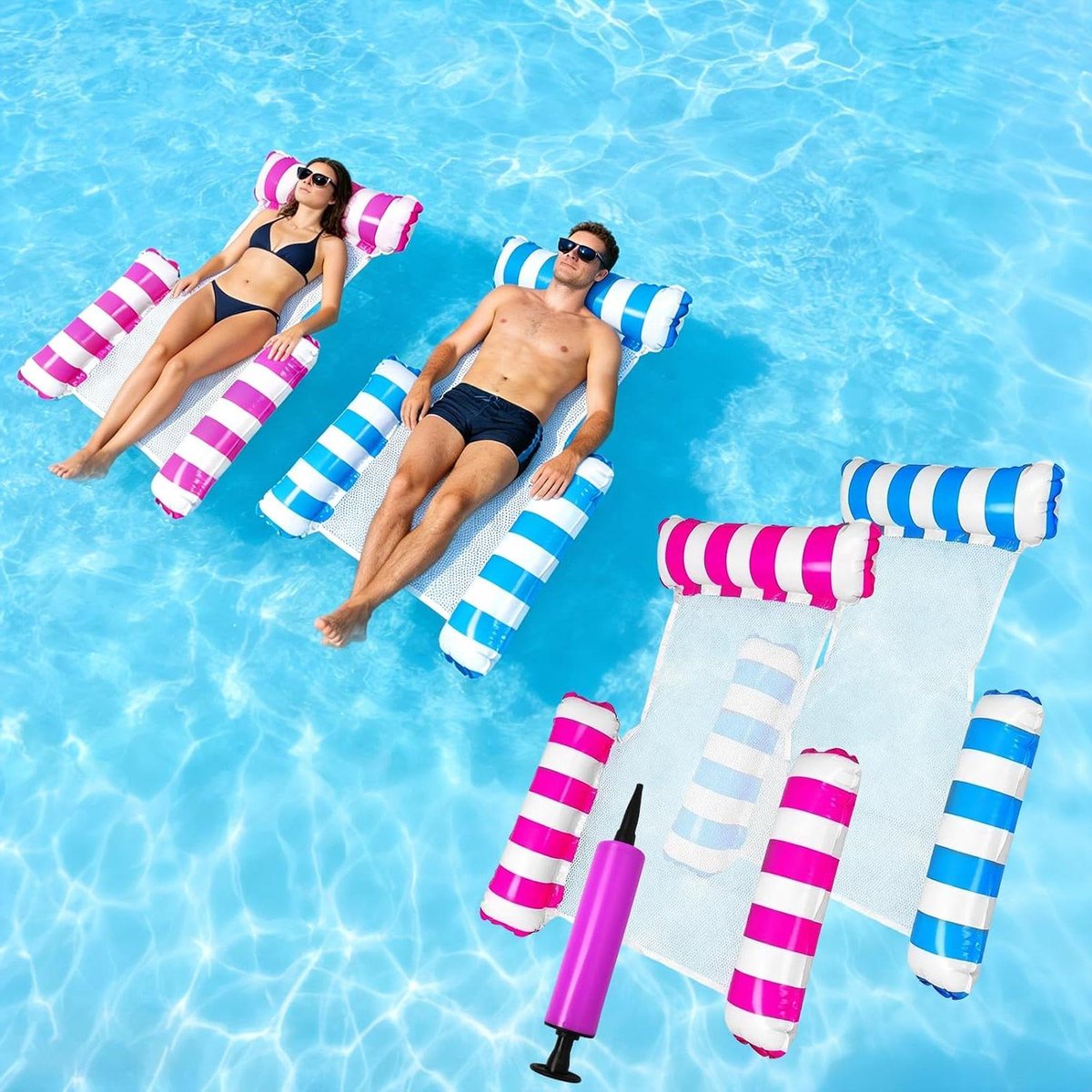 Luchtmatras Zwembad - Waterhangmat Stoel - Ontspannen in Water - 4-in-1 Multifunctioneel - 120 x 105 cm - Roze Blauw