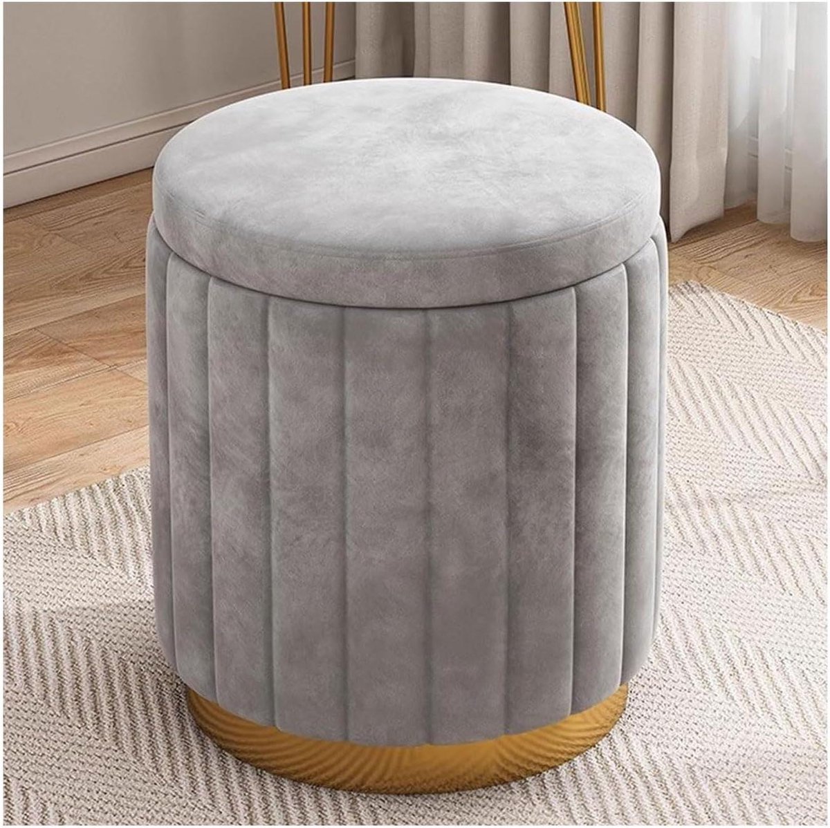 Opbergpoef - Voetenbank Kruk - Extra Zitten - Gouden Basis - 34x34x45 cm - Grijs