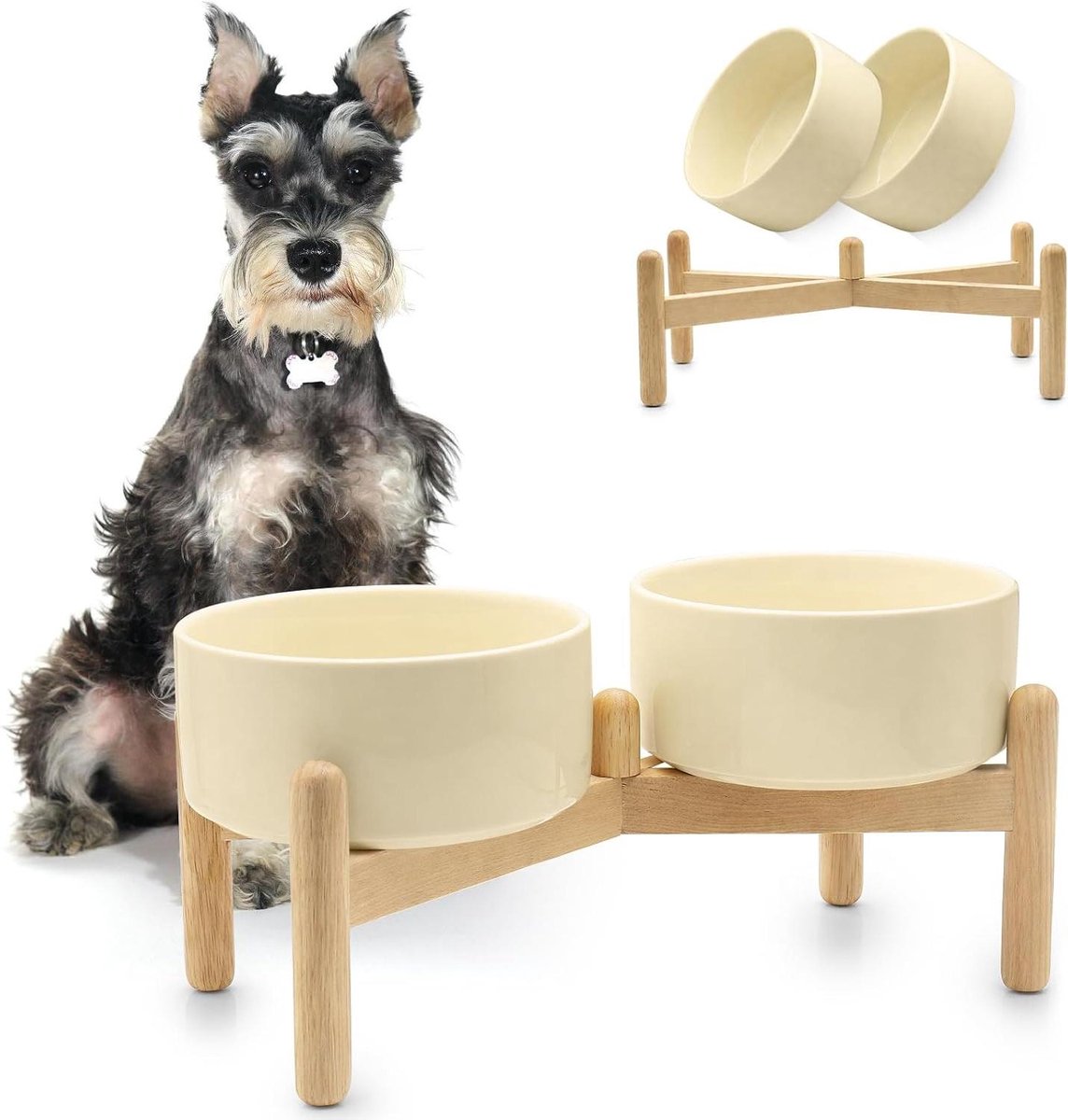 Verhoogde voerbak - Hondenbak set - Comfortabel eten - Antislip bamboe standaard - 850 ml - Beige