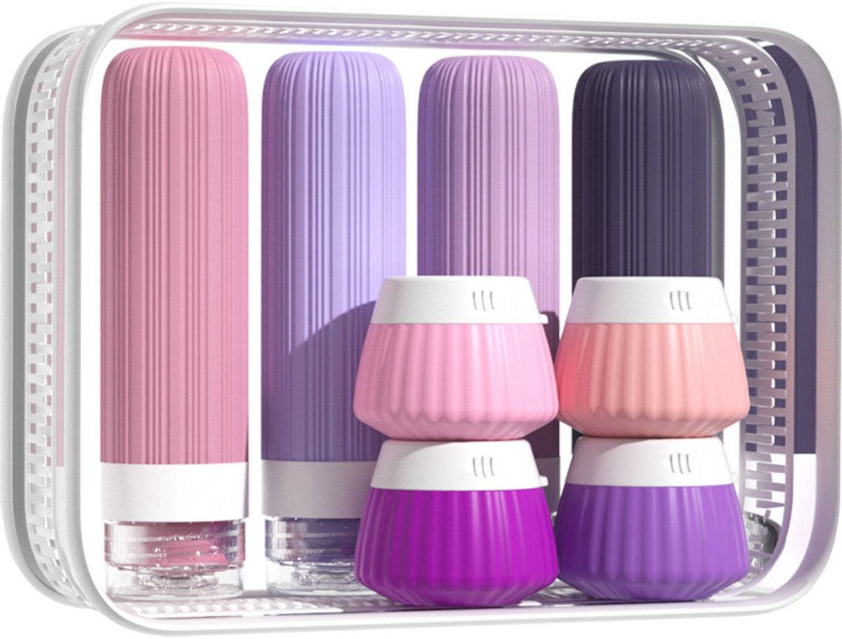 8-delige Siliconen Reisset voor Handbagage - Lekvrije Reisflesjes met Opbergtas - Herbruikbare Cosmetica Potjes van 90ml & 40ml - BPA-vrije Navulbare Reisflesjes voor Shampoo & Toiletartikelen - Zomer Travel Kit - Multi-Color3