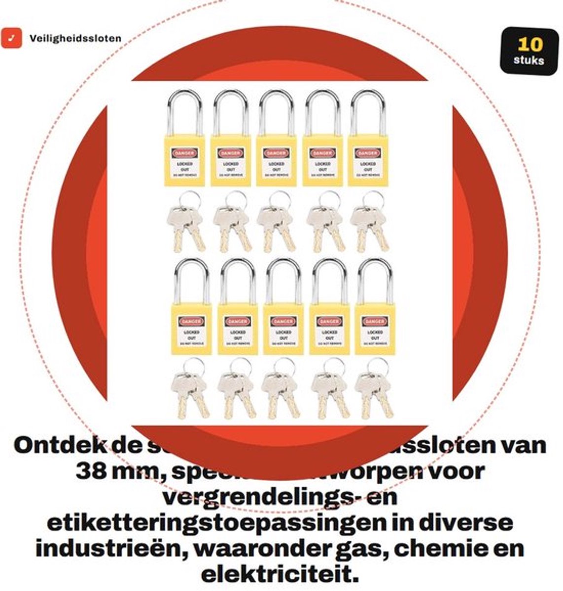 Veiligheidssloten - Chemische beveiliging - 10 stuks - Geel - Nylon sloten - Voor industrieën zoals gas en chemie - 38 mm