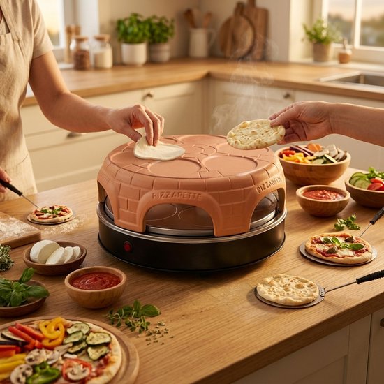 Mensen maken pizza's bij de terracotta Pizzarette pizzaoven, met ingrediënten op tafel.