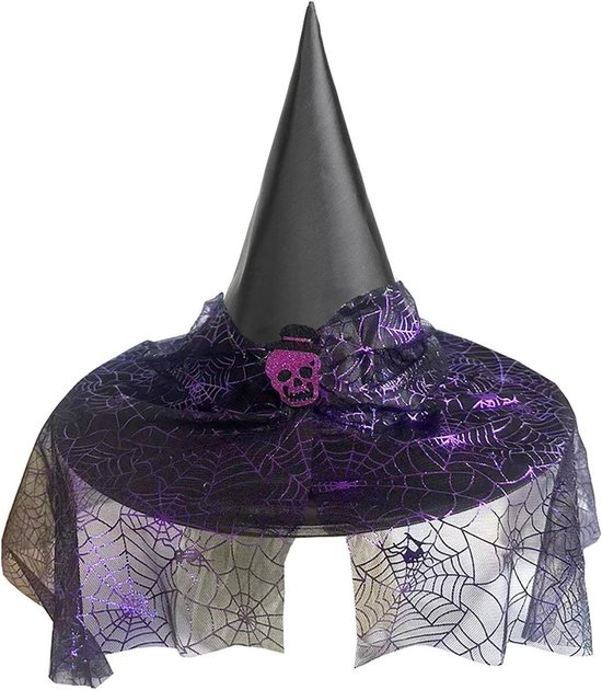Heksenhoed Kinderen - Verkleedhoed Feest - Halloween Kostuum - Gouden Draad Versiering - One Size - Zwart