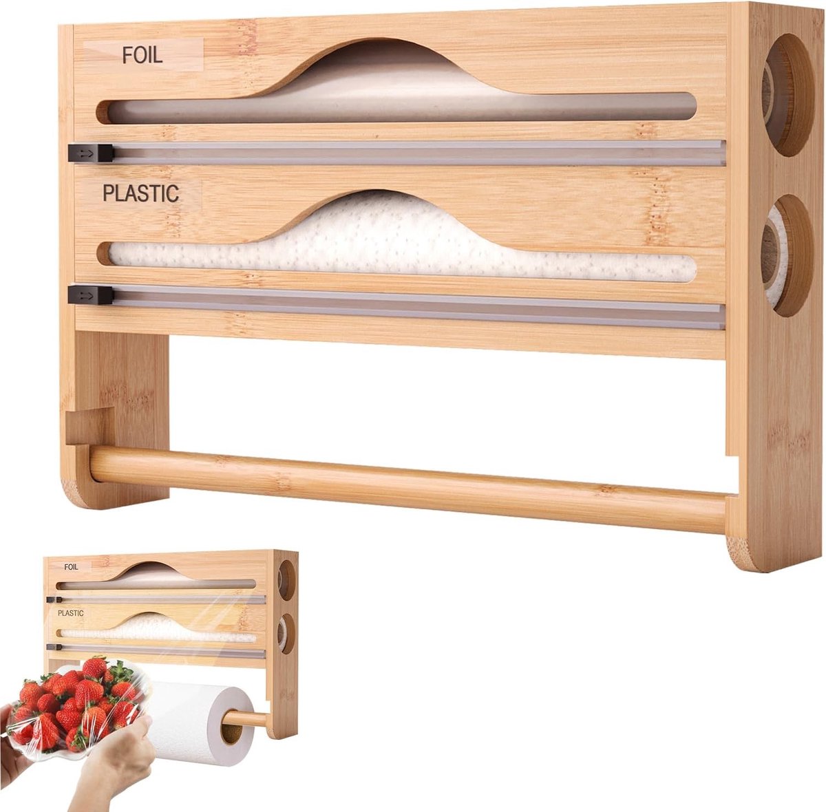 Houten Vershoudfolie Dispenser - Natuurlijke Kleur - 35,2 x 21,01 x 7,01 cm - Bamboe Wandrolhouder voor Keukenpapier en Folie