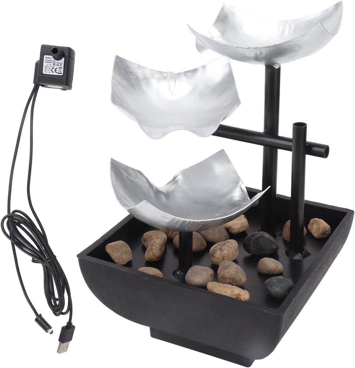Drielaags rotswater fontein ornament voor op bureau - Stille cyclus 5V decoratie voor woonruimte en ontspanning