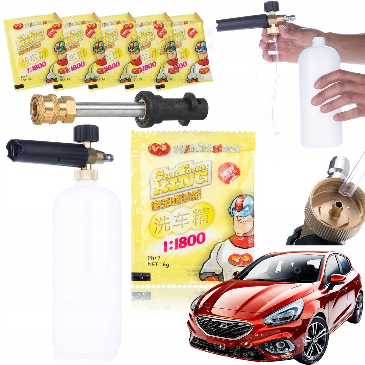 Rosfix Schuimset Schuimpistool - Actief Schuimpoeder 6g, Schuimpistool 1000ml, Hogedruklans 1/4 QRC - Geschikt voor Kärcher