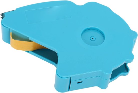 Blauwe handmatige tapemachine met een rol gele tape en een scherp snijblad.