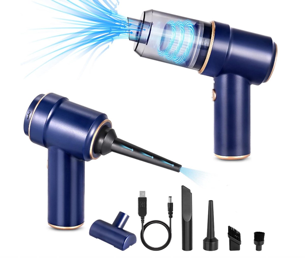 3-in-1 Draadloze Handstofzuiger met Persluchtblaasfunctie, Oplaadbare Mini Stofzuiger Basismodel Blauw voor Huisdierenhaar en Autoreiniging