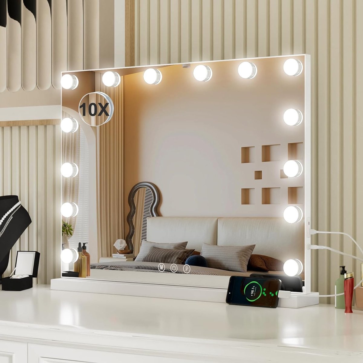Hollywood Spiegel met Verlichting - Wit - 14 LED-lampen - Touchbediening - Voor Make-up en Verzorging