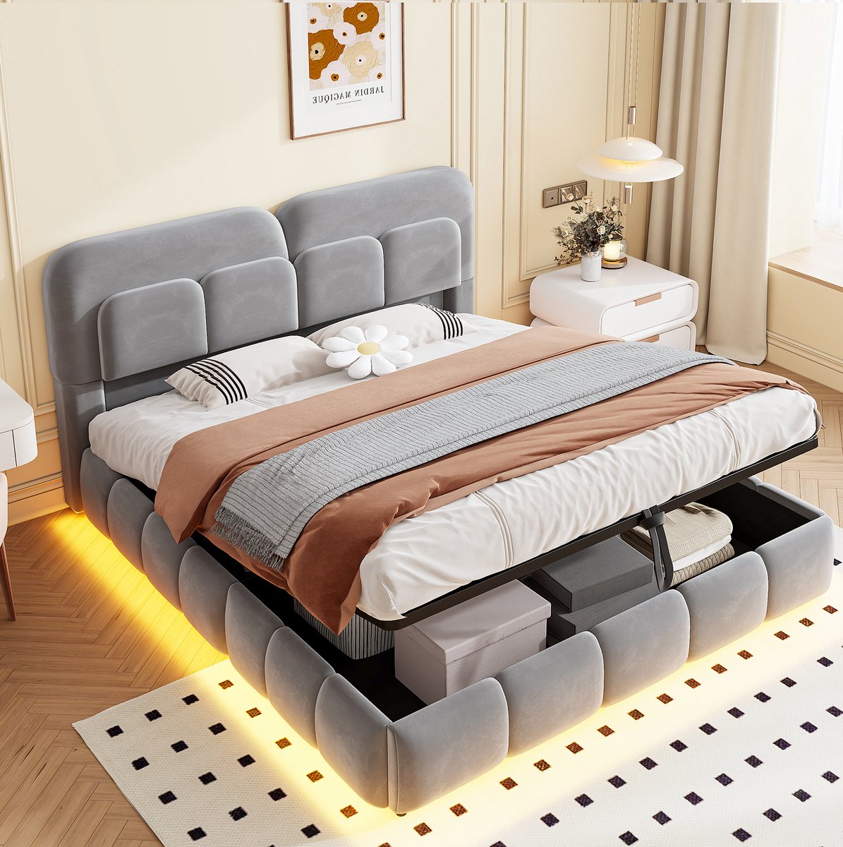 MIVRAY Gestoffeerd Bed 140x200 cm - Tweepersoonsbed Met Verlichte Ledstrip En Hydraulische Opbergruimte - Fluweel - Grijs