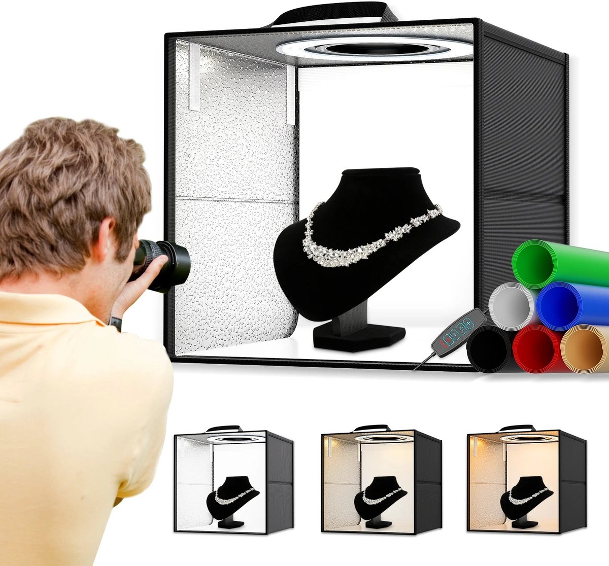 Seth Select Fotostudio Lightbox 40 × 40 cm – Opvouwbare LED Fototent met Achtergronden – Lichtbak voor Productfotografie met DSLR en Smartphone