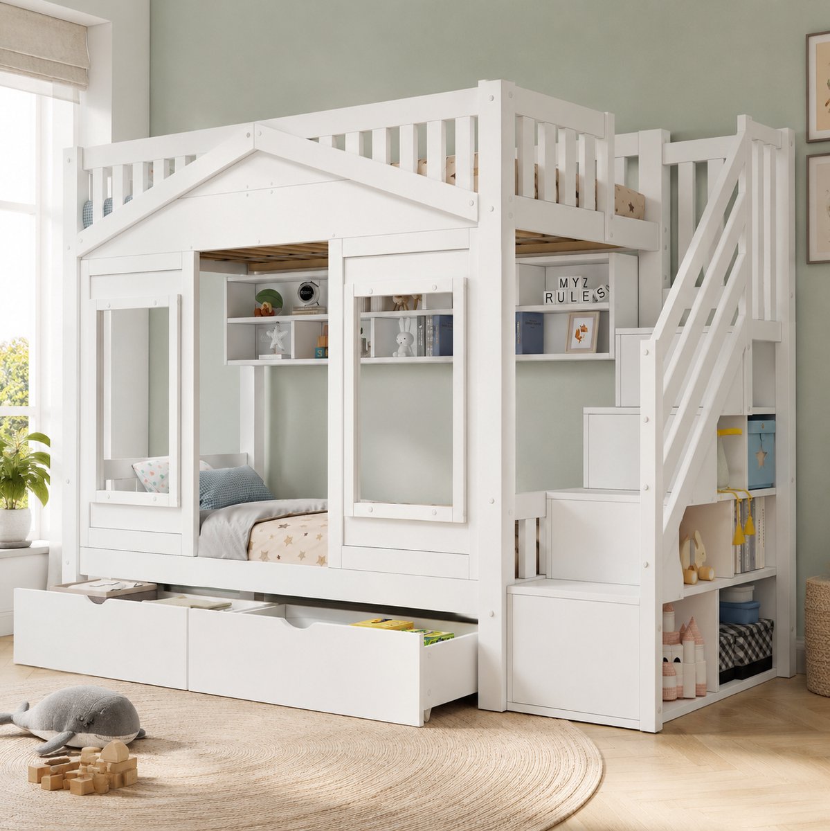 MIVRAY Hoogslaper 90x200 Cm Zonder Matras - Kinderbed Met Opbergtrede En Bedlade - Huisontwerp Voor Kinderkamer - Hout En MDF - Wit