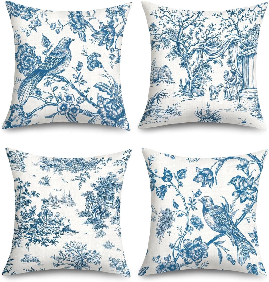 Set van 4 Kussenhoezen 45 x 45 cm met Chinoiserie Bloemen en Vogels voor Sofa en Slaapkamer, Vintage Decoratieve Kussenslopen voor een Frisse Lente-uitstraling