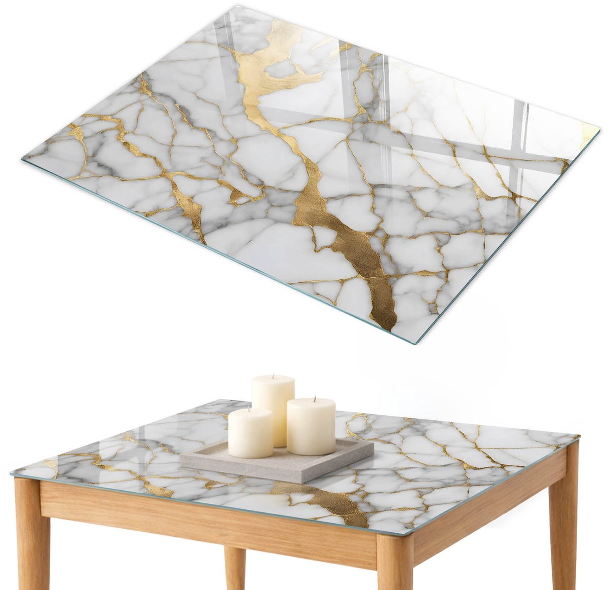 ArtPrintCave Luxe marmer Glazen Tafelblad 100x70 cm - Tafelblad Rechthoek - Wit Glasplaat - Texturen Terrastafel