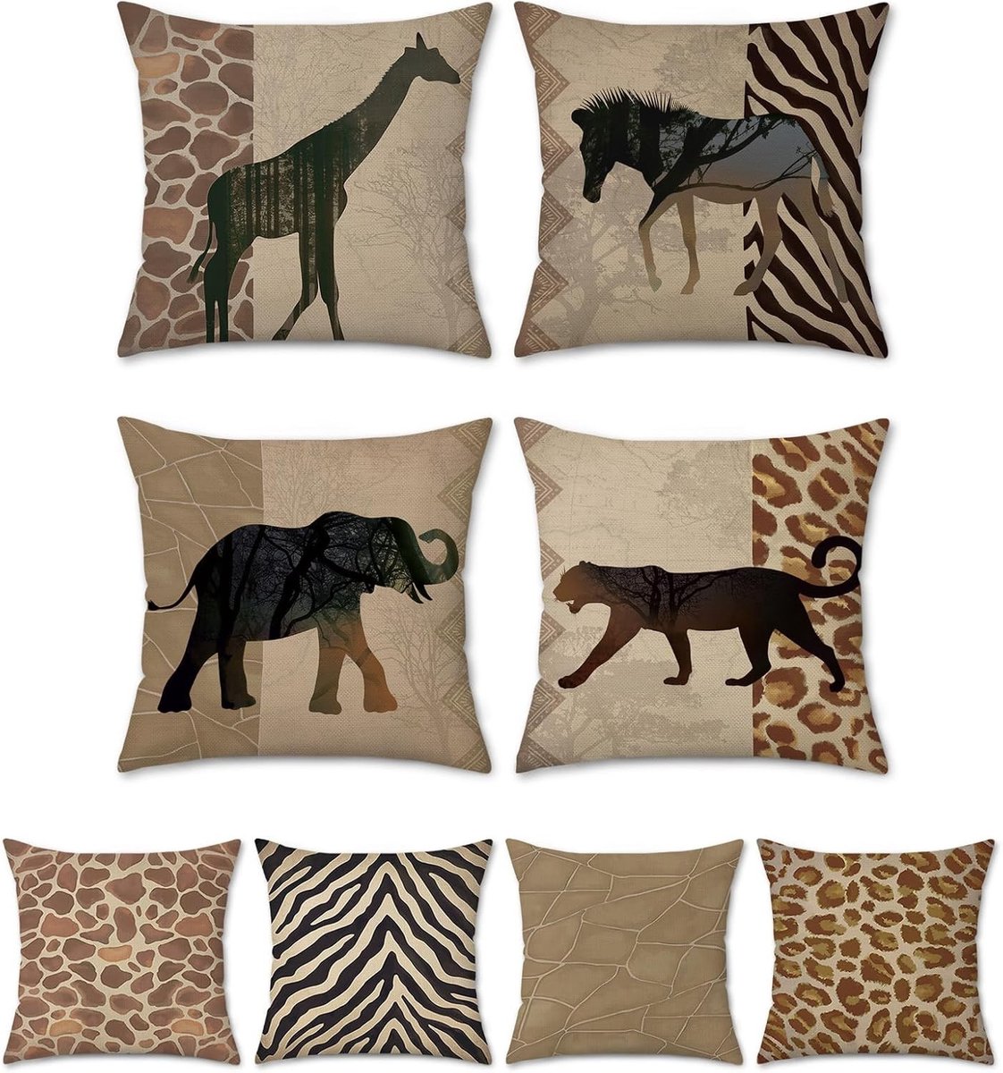 Decoratieve Kussenslopen met Afrikaanse Dierenprint - 50x50cm - Set van 4 - Katoen en Polyester - Ideaal voor Sofa, Bed en Tuin Decoratie