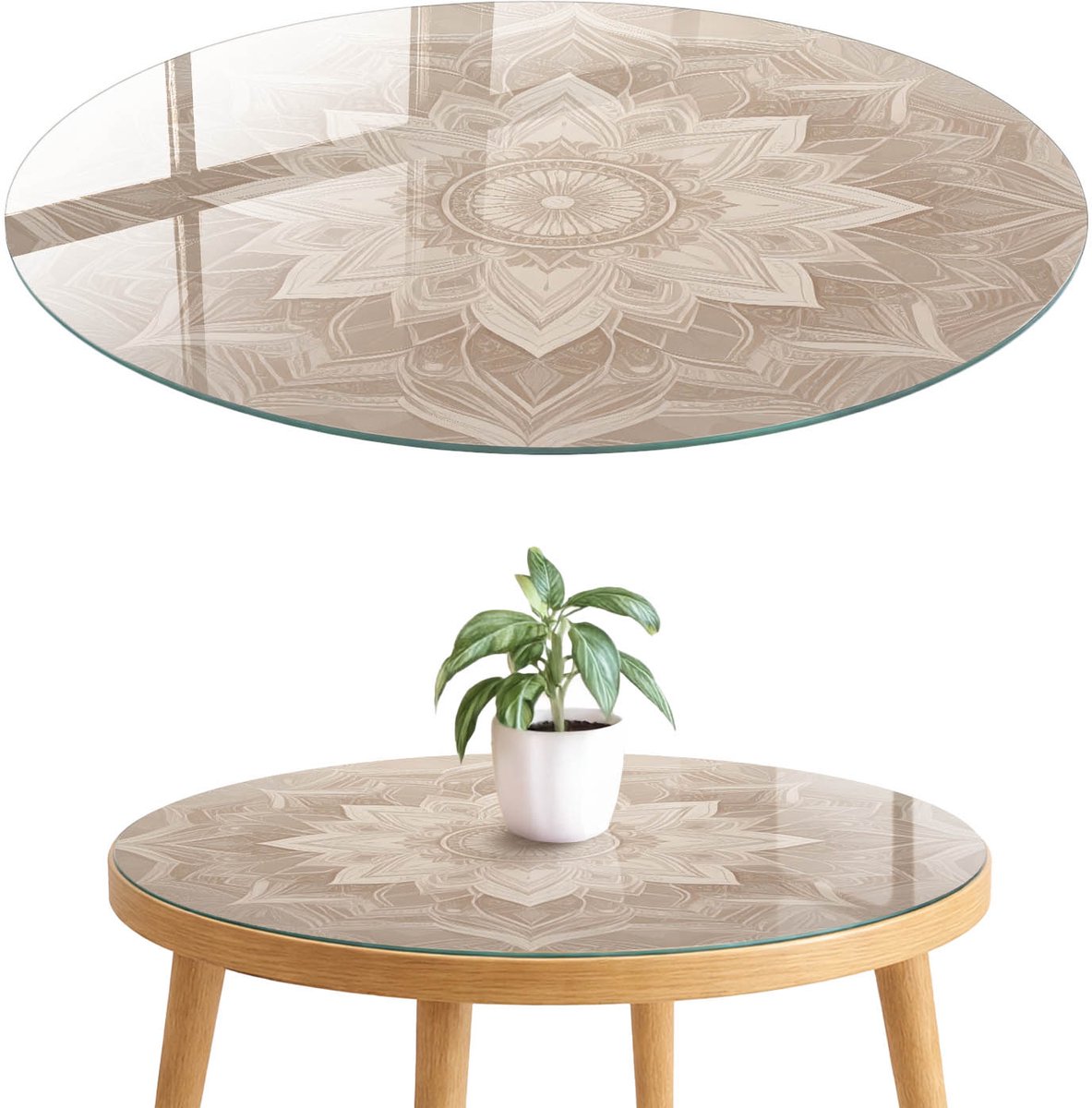 ArtPrintCave Mandala-patroon Glazen Tafelblad fi70 cm - Tafelblad Rond - Beige Bureaublad - Achtergronden en patronen Terrastafel