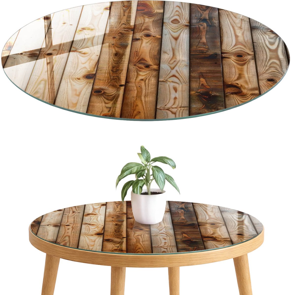 ArtPrintCave Houten planken Glazen Tafelblad fi70 cm - Tafelblad Rond - Bruin Glasplaat - Texturen Terrastafel
