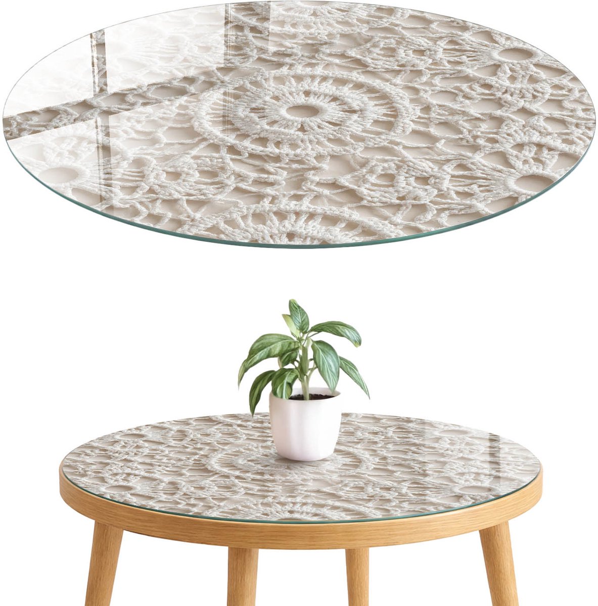 ArtPrintCave Kantpatronen Glazen Tafelblad fi70 cm - Tafelblad Rond - Wit Terrastafel - Texturen Bureaublad