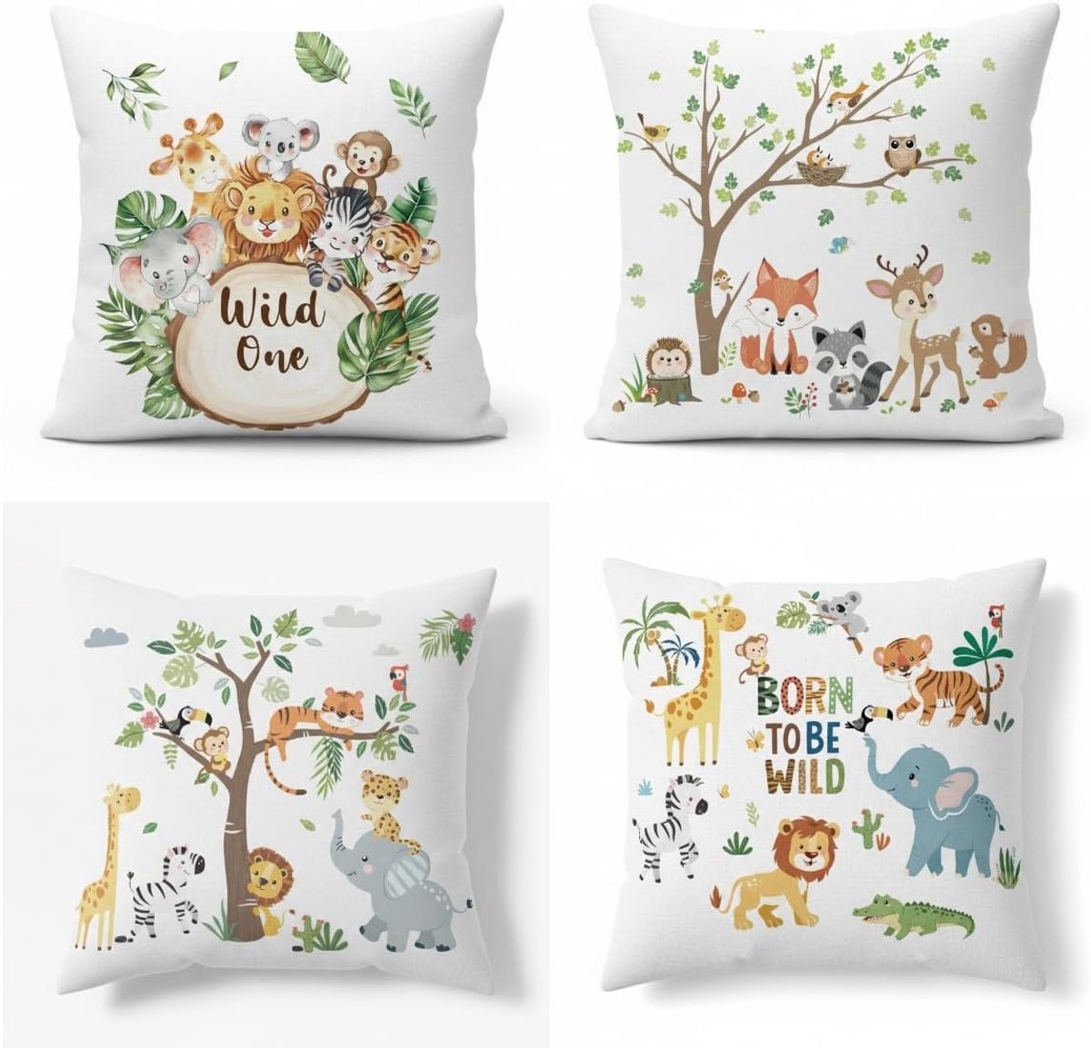 Set van 4 sierkussenslopen 45 x 45 cm met wilde dieren, zachte pluche decoratie voor kinderkamer, bank en slaapbank