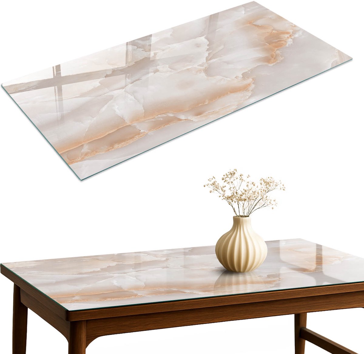 ArtPrintCave Marmerpatroon Glazen Tafelblad 120x60 cm - Tafelblad Rechthoek - Beige Terrastafel - Texturen Keukentafel