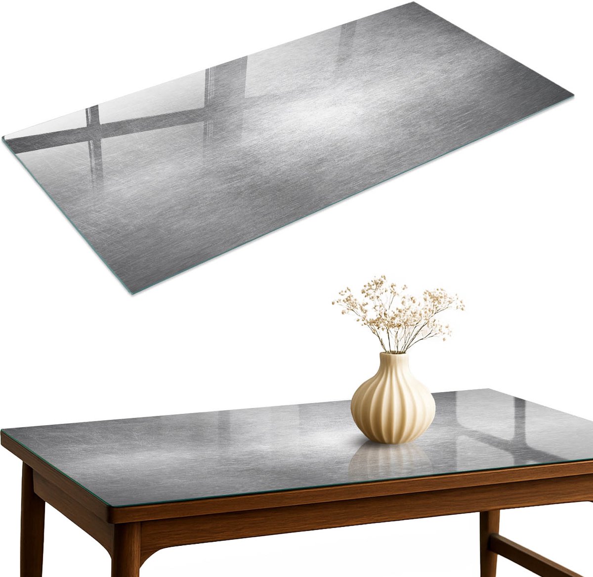 ArtPrintCave Metaalglans Glazen Tafelblad 120x60 cm - Tafelblad Rechthoek - Grijs Tafelblad Glas - Texturen Glazen Eettafel
