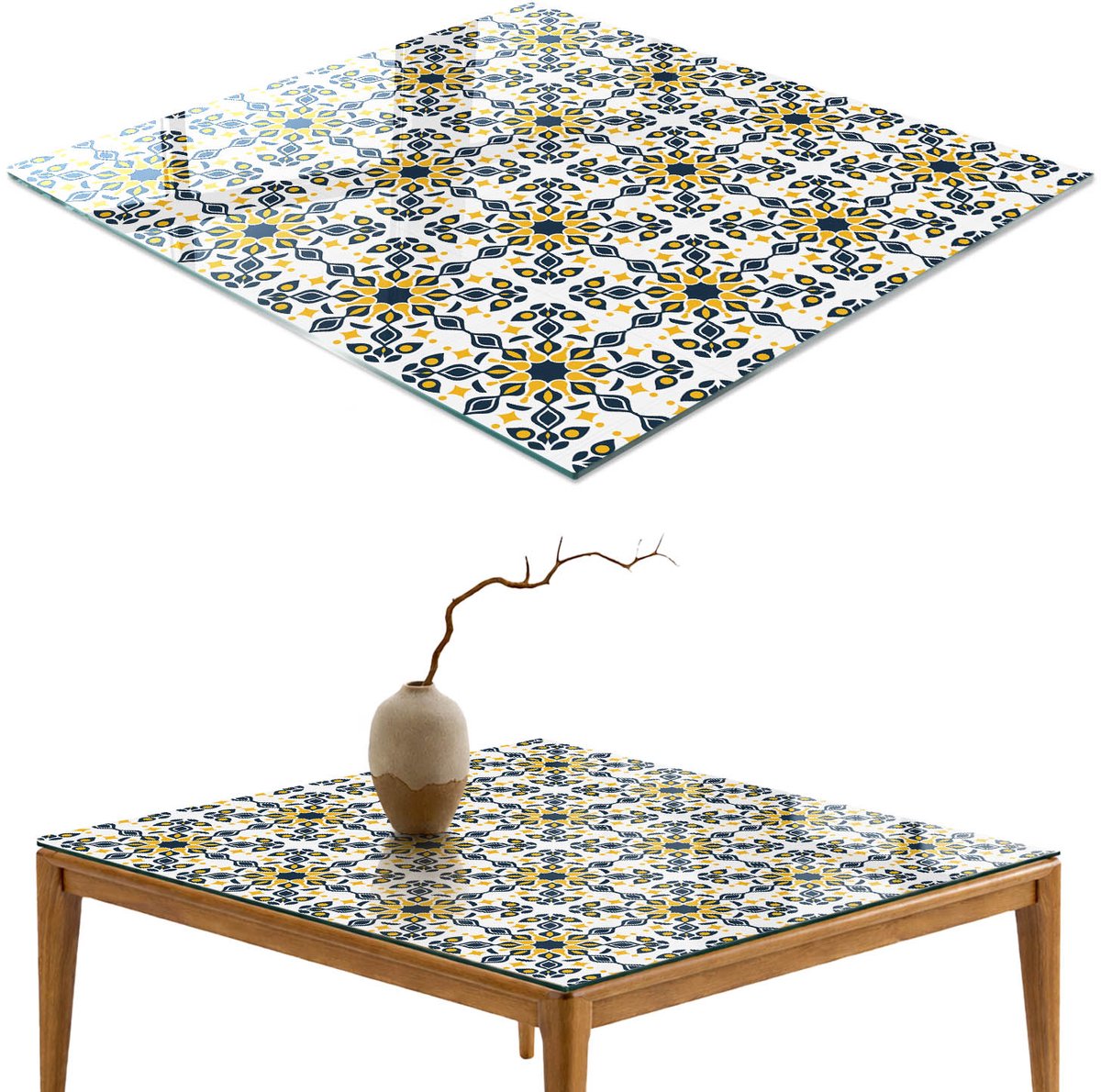 ArtPrintCave Mozaïek elegantie Glazen Tafelblad - 50x50 cm - Tafelblad Vierkanten - Geel Eettafel Met Glasplaat - Achtergronden en patronen Keukentafel
