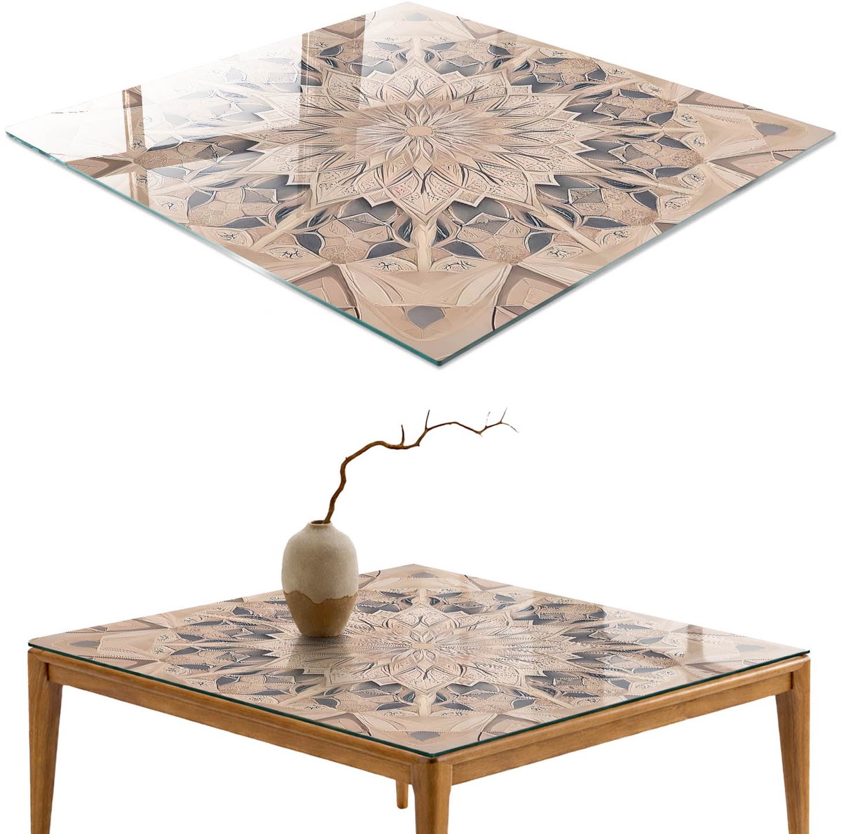 ArtPrintCave Kaleidoscopisch patroon Glazen Tafelblad 60x60 cm - Tafelblad Rechthoek - Beige Keukentafel - Geometrie Glasplaat