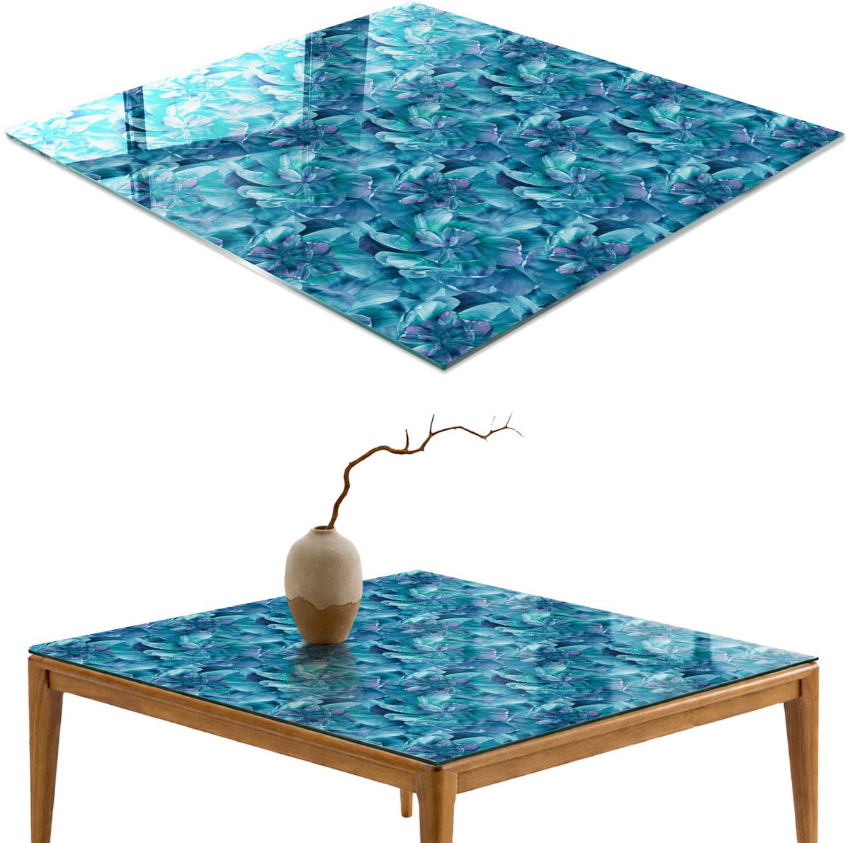ArtPrintCave Bloemenmozaïek Glazen Tafelblad - 50x50 cm - Tafelblad Vierkanten - Blauw Glasplaat - Bloemen en planten Eettafel Met Glasplaat