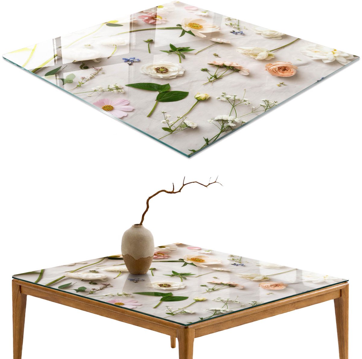 ArtPrintCave Bloemige elegantie Glazen Tafelblad - 50x50 cm - Tafelblad Vierkanten - Wit Terrastafel - Bloemen en planten Terrastafel