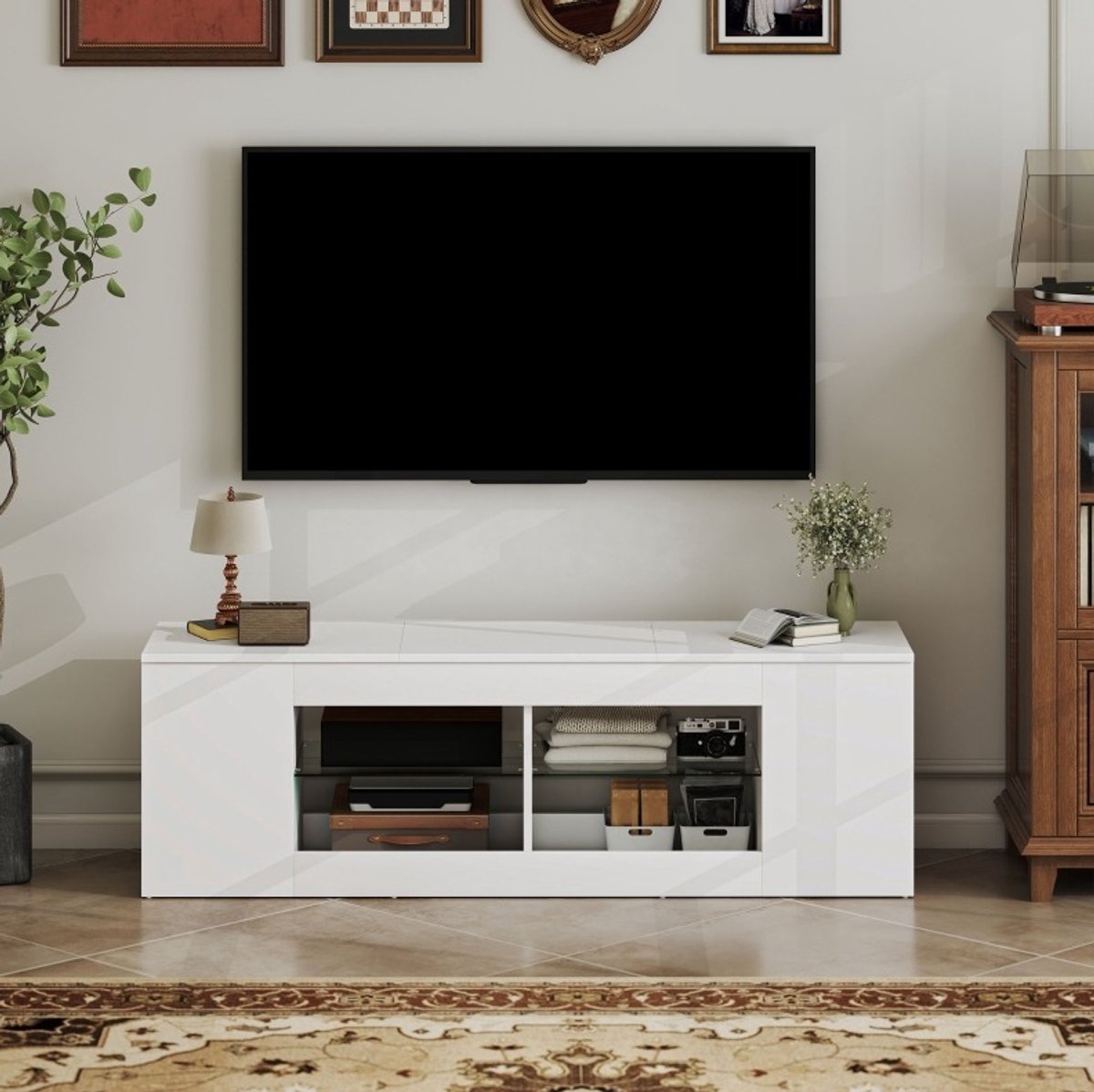 COVREO TV meubel 140 x 35 x 42,5 cm wit, spaanplaat met glasplanken en 6 vakken