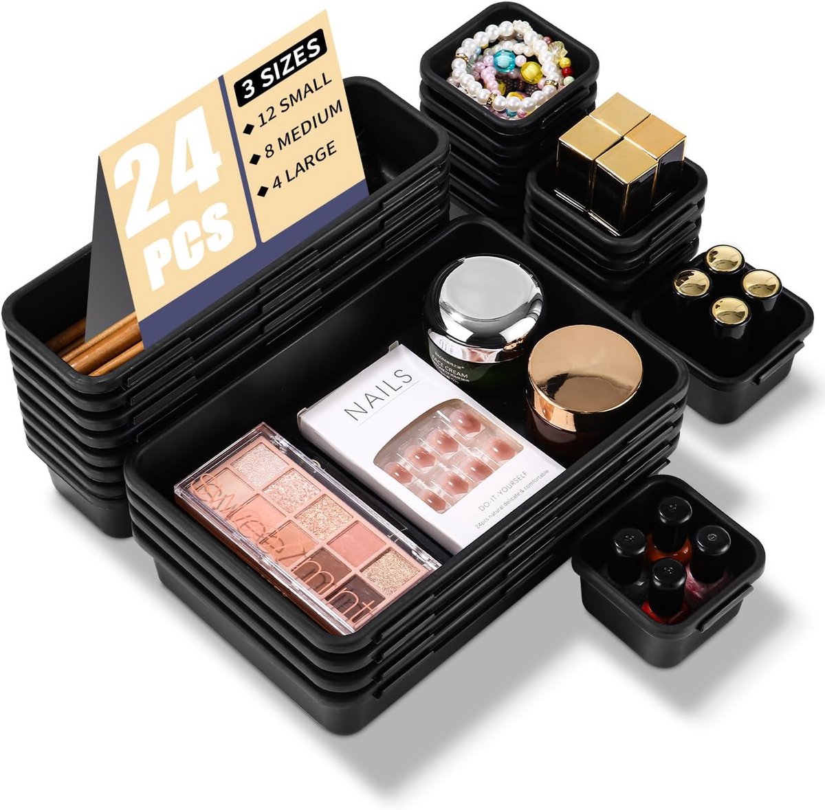 SnelShoppen - 24 Stuks Zwarte Lade Organizer voor Badkamer, Make-up Tafel, Multifunctionele Opberger, Verdeelbakken, Plastic, Compact, Perfect voor Th